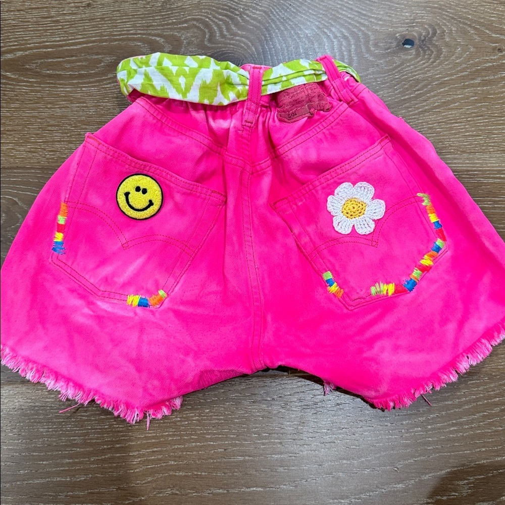St. Barth Girls Pink Tie-Dye Denim Shorts w/ Bow Belt | Resort Chic - Picture 4 of 5